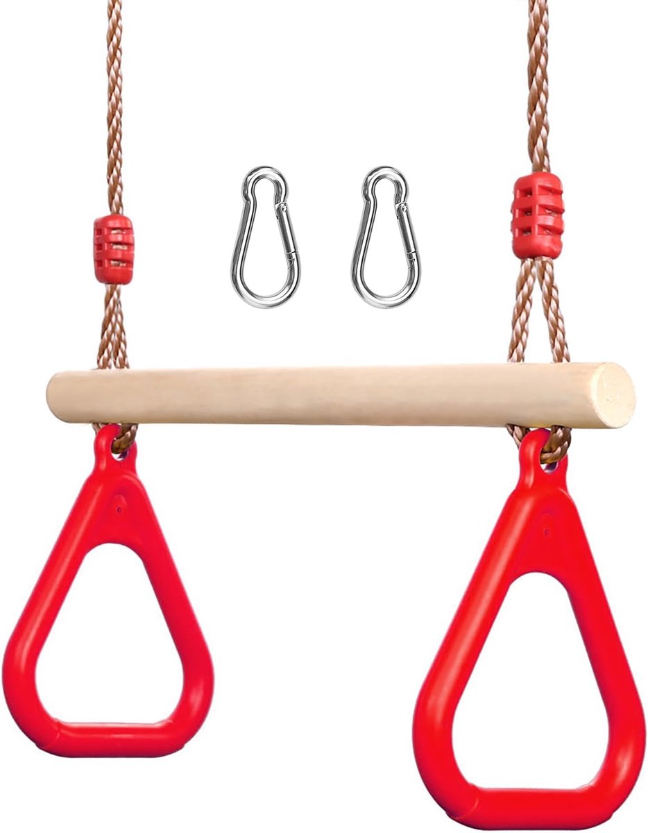 Houten schommelstoel, met plastic ringen - multifunctionele houten trapeze voor kinderen - Gymnastiek - Sport - (rood)