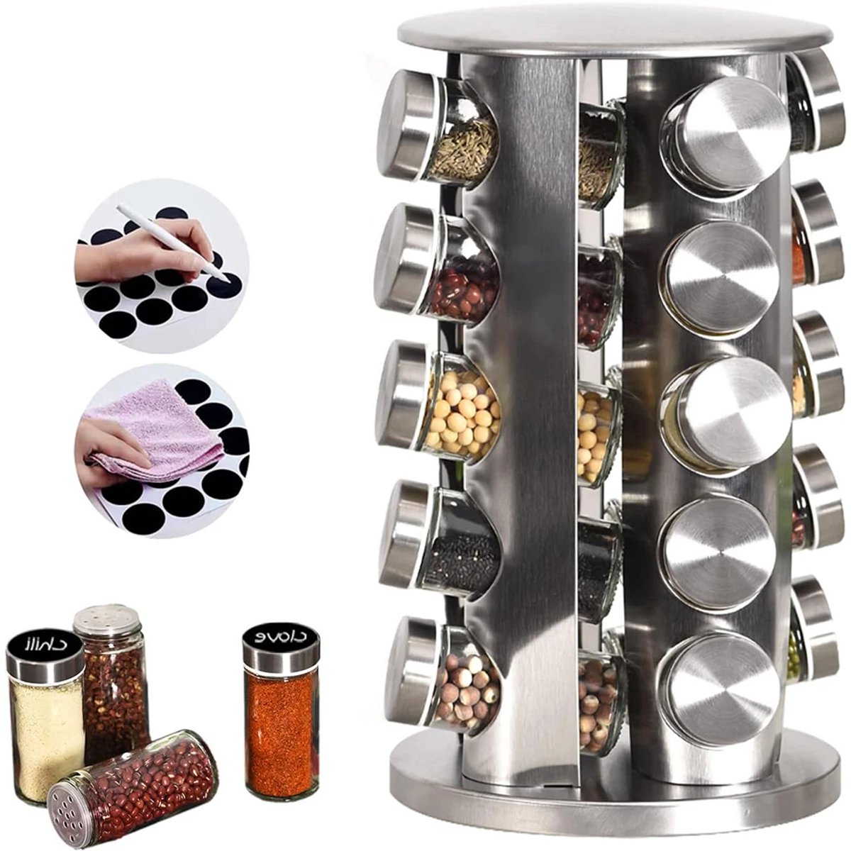Draaiend kruidenrek - Organizer voor glazen kruidenflesjes - Verticaal kruidenrek - Inclusief 20 kruidenpotjes - Glazen kruidenflesjes, rek, stickers en accessoires - Roestvrij staal - Elk potje en rek kan worden gelabeld.