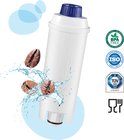 De'Longhi waterfilter met blauwe dop, omringd door water en koffiebonen. Bevat keurmerken.