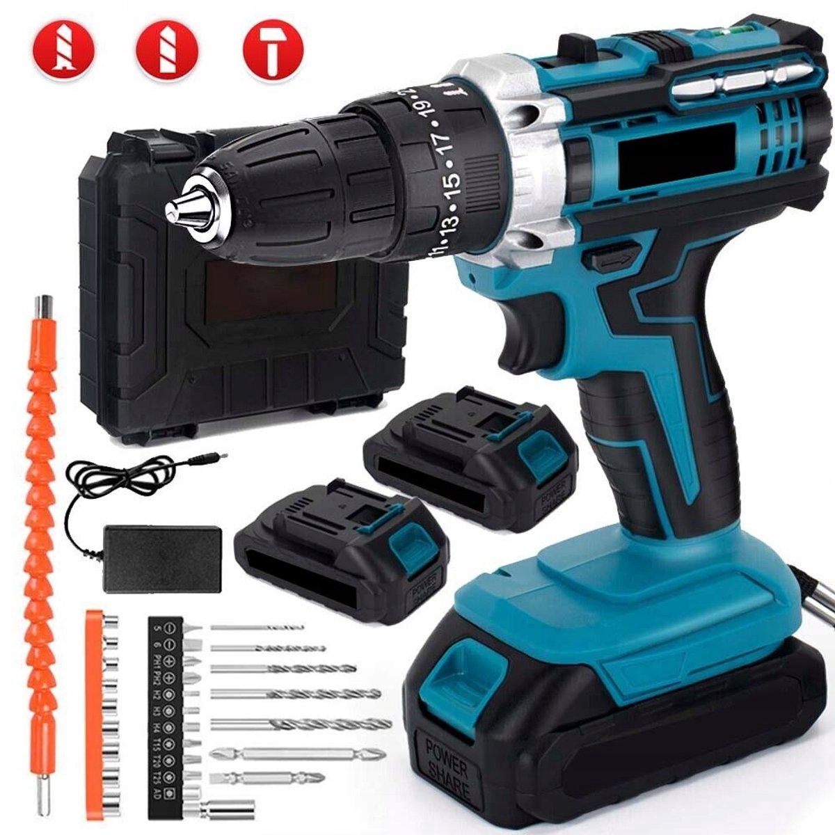 Accuboormachine 21V – Draadloze Boormachine met 2 Accu's – 45 Nm – 25+3 Koppelstanden – 24-Delige Accessoireset – Inclusief Opbergkoffer