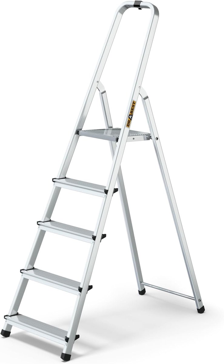 Huishoudladder Aluminium - Trapladder Veiligheidsrail - Huishoudelijke Taken - Werkplatform Met Antislip - 5 Treden 125kg - Grijs