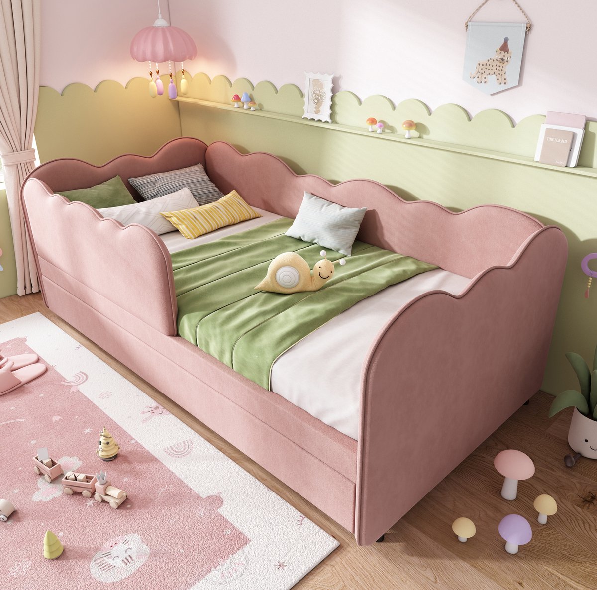 MEUNIQ Slaapbank 90x190 cm met uitschuifbed en lattenbodem, kinderbed/daybed in roze fluweel, bedframe zonder matras voor kinderkamer of logeerkamer