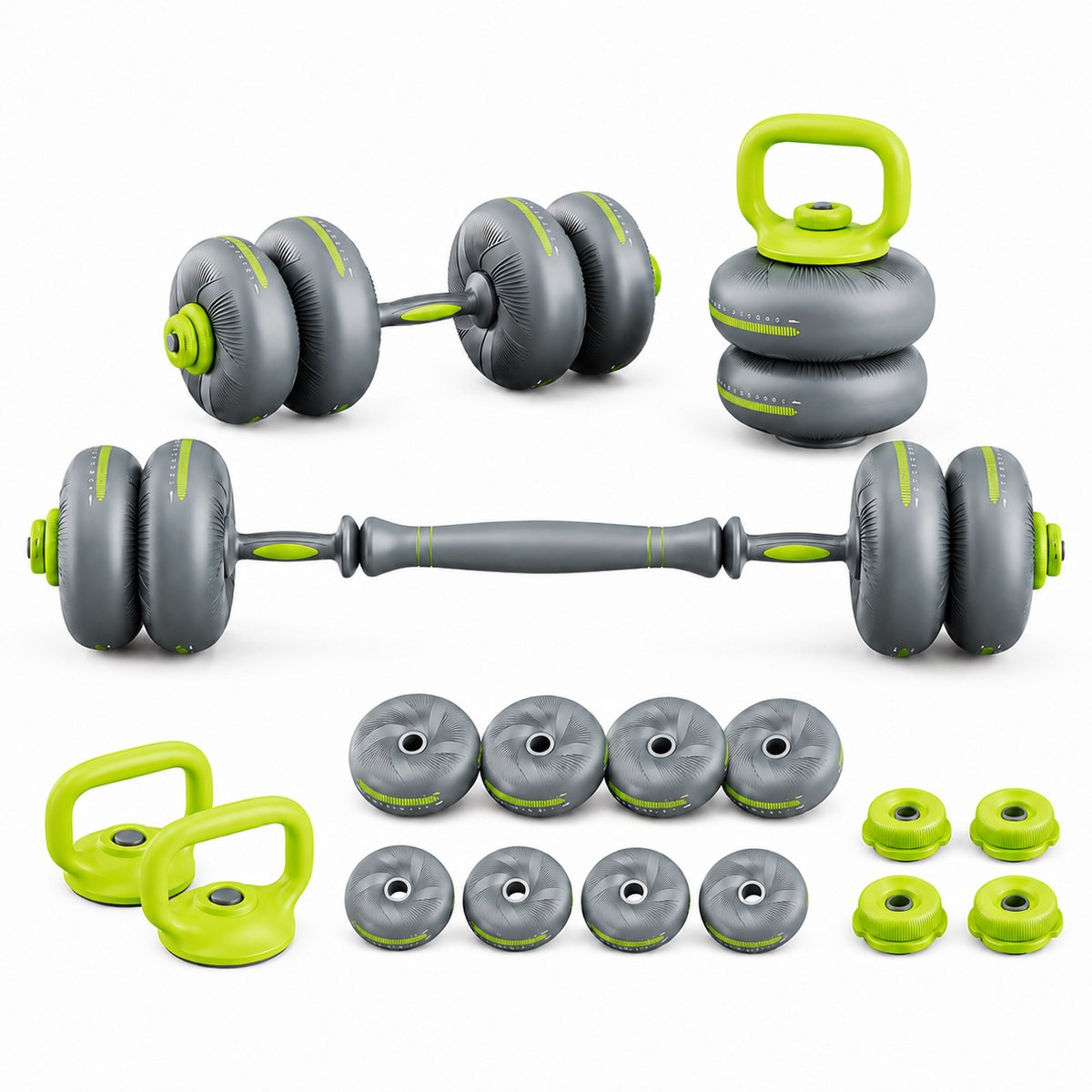 Gloovon® - Dumbells Set - Halterset - PVC-Materiaal - 20 KG - Gewichten Set met Kettlebell en Barbell - 5-in-1 Gewichtenset - Opdruksteunen - Anti-Slip Grip - Grijs-Groen