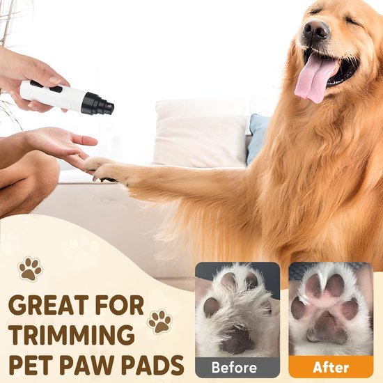 Een gouden retriever wordt getrimd met een witte nageltrimmer, met 'voor' en 'na' vergelijking van gepoetste pootkussentjes.