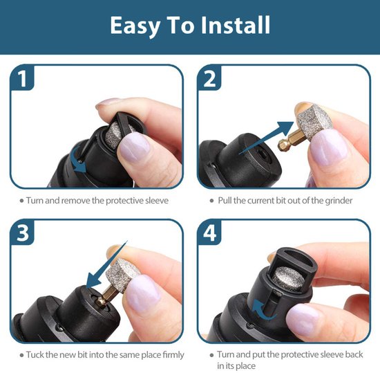Stapsgewijze installatiehandleiding: verwijder beschermhoes, trek bit eruit, plaats nieuwe bit, plaats beschermhoes terug.