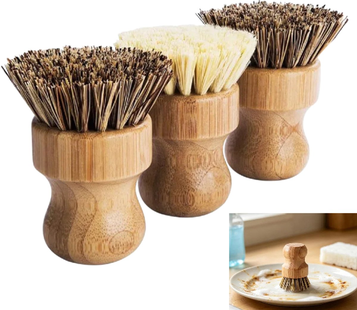 3 stuks- Ronde schoonmaakborstel - Keukenborstel - Ronde afwasborstel met korte steel - Afwasborstel - Pannenborstel - Houten afwasborstel - Bruin - 8 cm * 4,5 cm - Geschikt voor het schoonmaken van groenten, potten, pannen en gootstenen