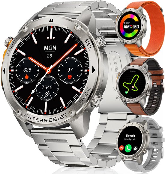 Grote zilverkleurige smartwatch met metalen band. Toont "MON 26", stappenteller en hartslag. Vier kleinere afbeeldingen tonen horloges met oranje, bruine, grijze banden en een AMOLED-scherm.