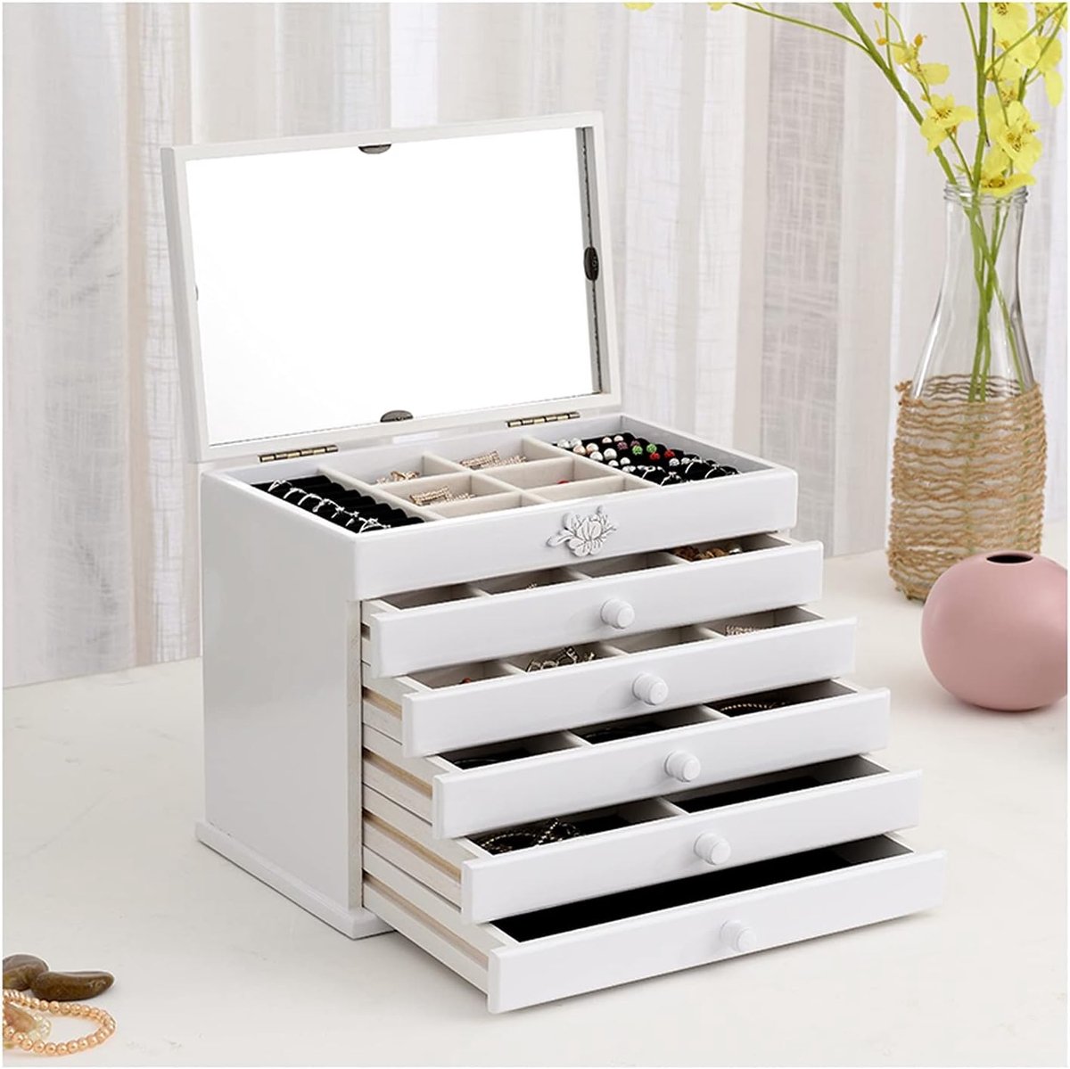 Sieradendoos Grote Houten - Organizer Kast - Sieraden Opbergen - Met Slot - 32 cm Breed - Houtkleur