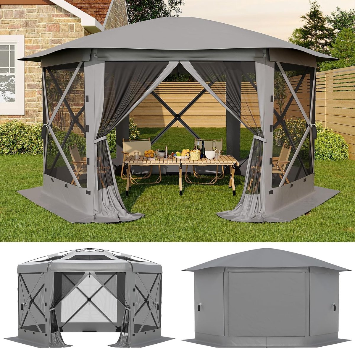 Partytent met Afneembaar Dak - 350x350x220cm - Hexagonale Pop-up Paviljoen - Waterafstotend UV-bestendig - Buitentent voor Camping, Tuinfeest, Evenementen - Grijs