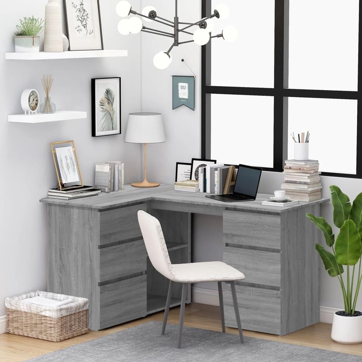 Hoekbureau - Werktafel bureau - Thuiswerken studeren - Veel opbergruimte - 145 x 100 cm - Grijs
