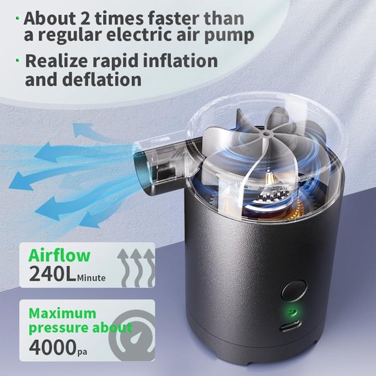 Mini Elektrische Luchtpomp - Draagbare Luchtbedpomp - Elektrische Vacuümpomp - 3600mAh 240L/min - Geschikt voor Luchtbed, Zwemband & Vacuümzakken - Zwart — afbeelding 3