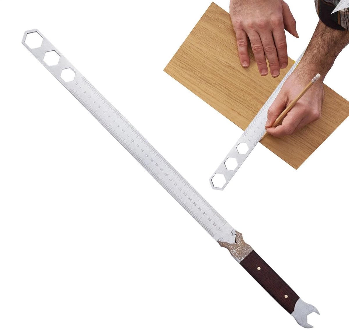Stalen Liniaal - Precisie Meetlat - Nauwkeurig Meten - Met Steeksleutelfunctie - 60 cm - Zilver