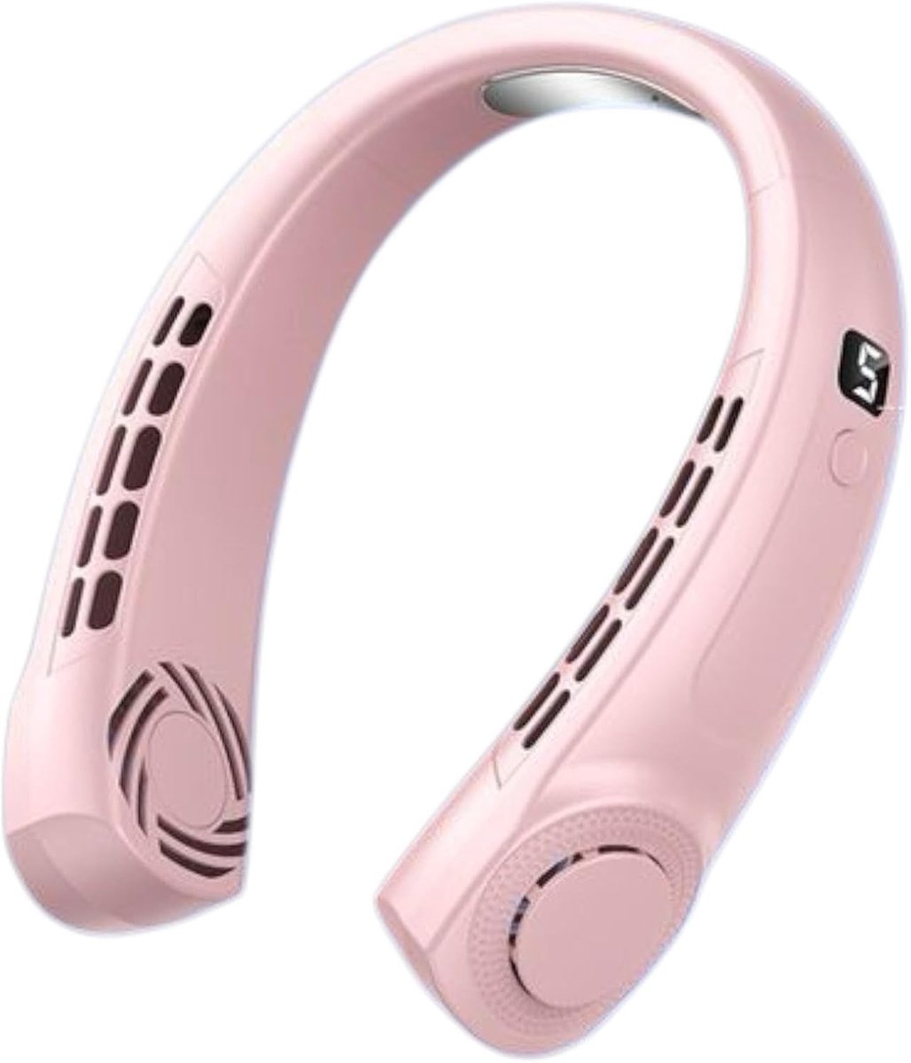 Nekventilator met LED-display, vervaardigd met ijskeramische technologie, roze kleur. 360° luchtstroom rondom | 5 ventilatorsnelheden | 4000mAh oplaadbare USB-batterij | Stil en ergonomisch ontwerp | Geschikt voor gebruik buitenshuis.