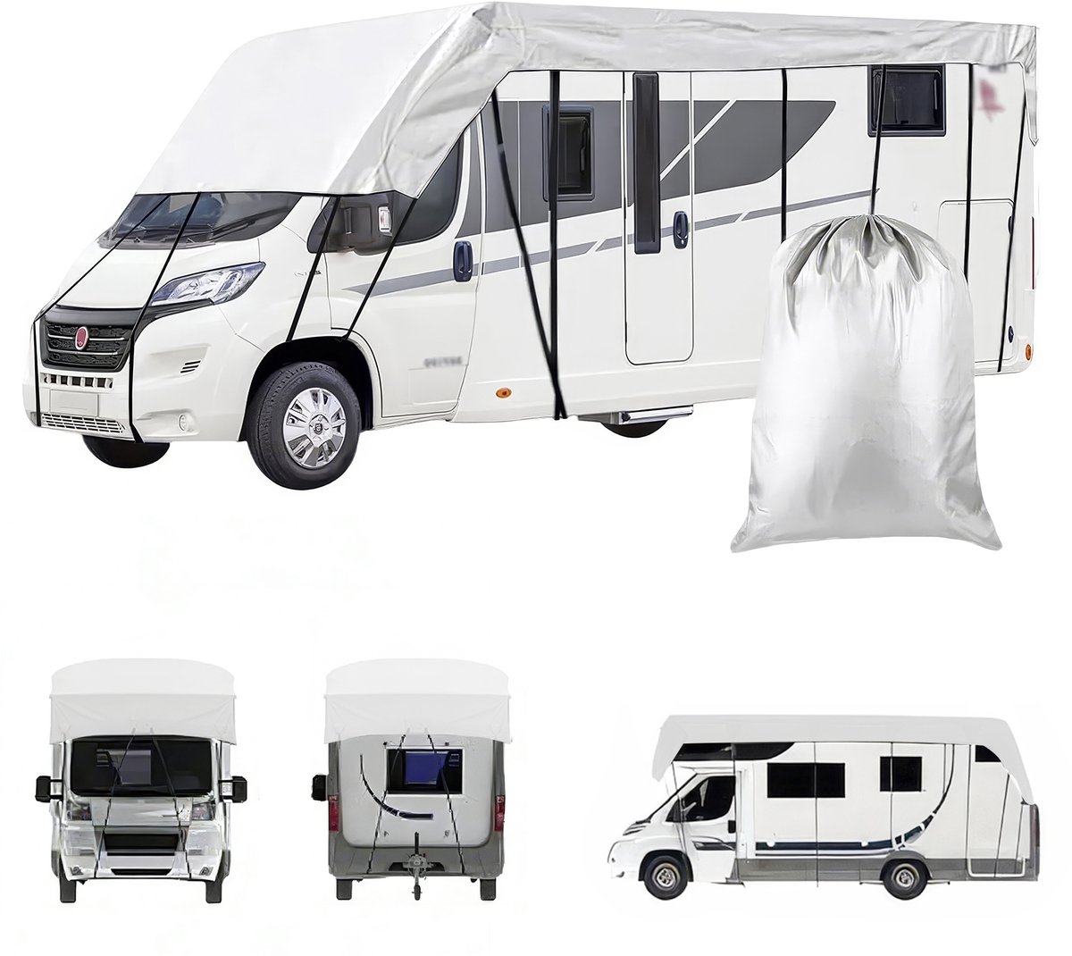 Lemonmax Camper Dakhoes 7,5x3 m - Caravan Dakbeschermhoes 210D Oxford - Waterbestendig UV-bestendig met Bevestigingsbanden - Lichtgrijs