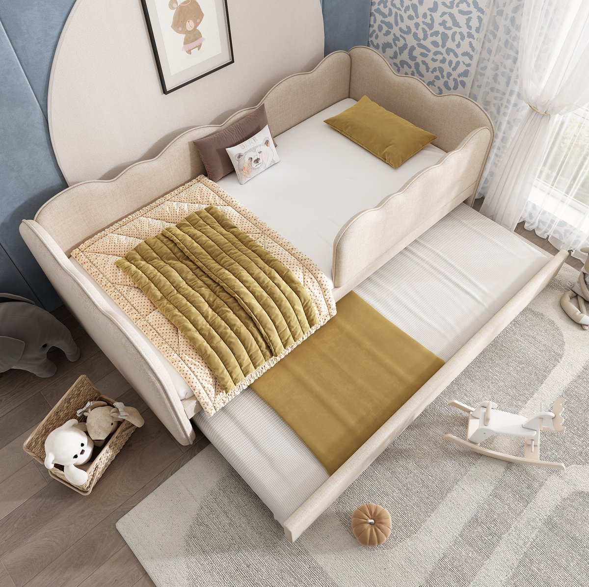 MEUNIQ Bedbank 90x190 cm met uitschuifbed, lattenbodem en afneembare voorste hek, kinderbed voor kinderkamer, stof in beige, zonder matras
