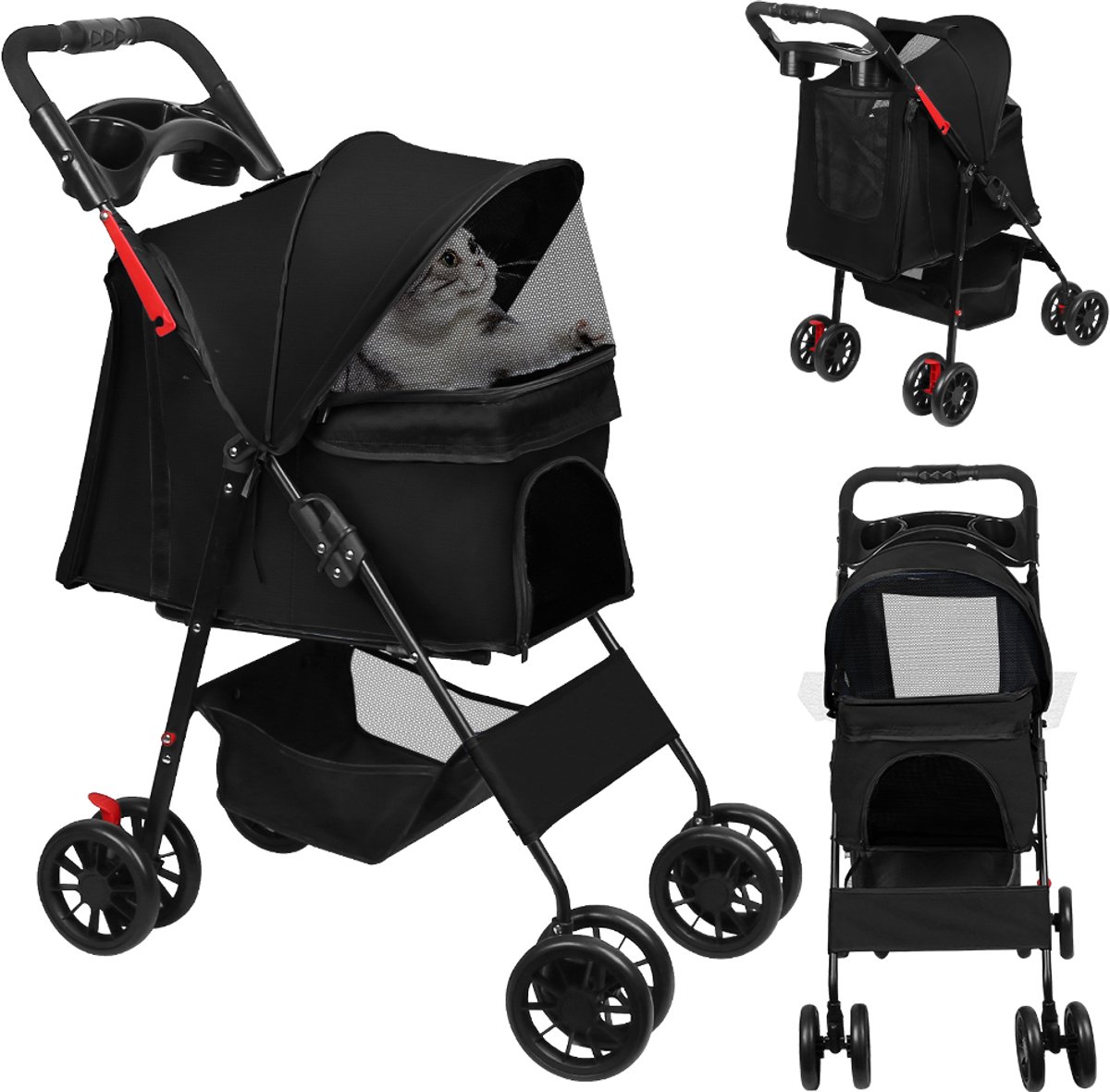 PIPIPOXER Huisdier wandelwagen-reiswagen -huisdier-Hondenbuggy tot 20 kg-kattenwagen- 4 stuks rubberen wielen met schokdemping- mand en zonwering -buggy-Tas - Oxfordstof-zwart