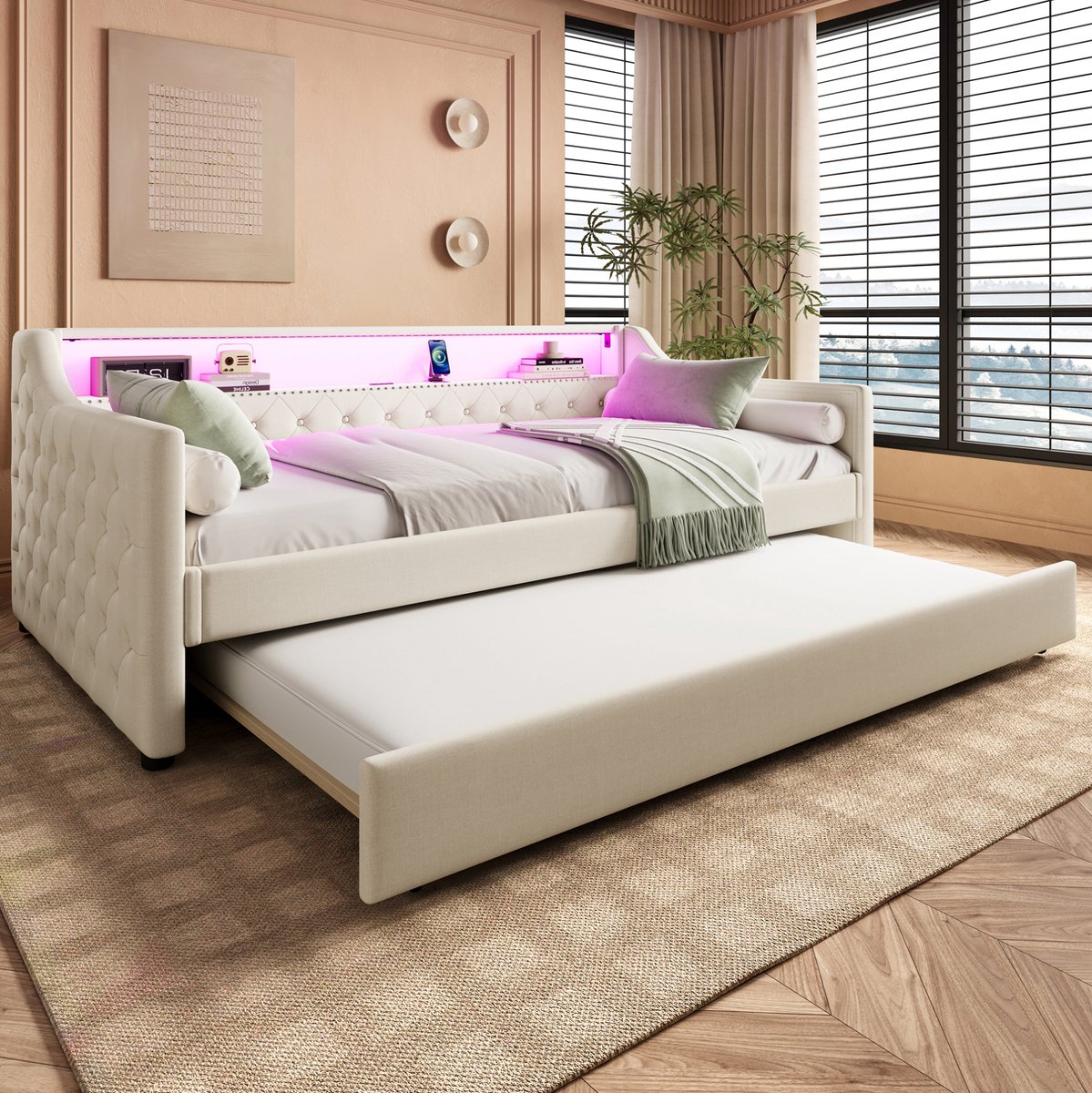 MEUNIQ Bedbank 90 x 200 cm met uitschuifbed, lattenbodem, LED-verlichting en USB, zonder matras, beige daybed voor slaapkamer