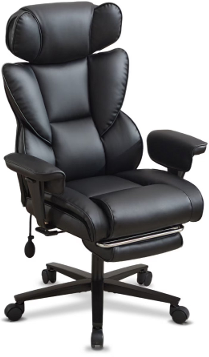 Ergonomische Gamingstoel – met Voetsteun & Lendensteun – Verstelbare Hoofdsteun – Hoge Rug – Lederen Zitting – Kantelbaar – Zwart
