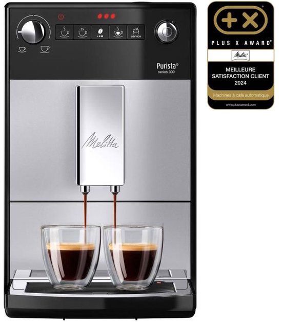 Volautomatische espressomachine met chrome uitloop, die twee koppen koffie zet, met "PLUS X AWARD" logo.