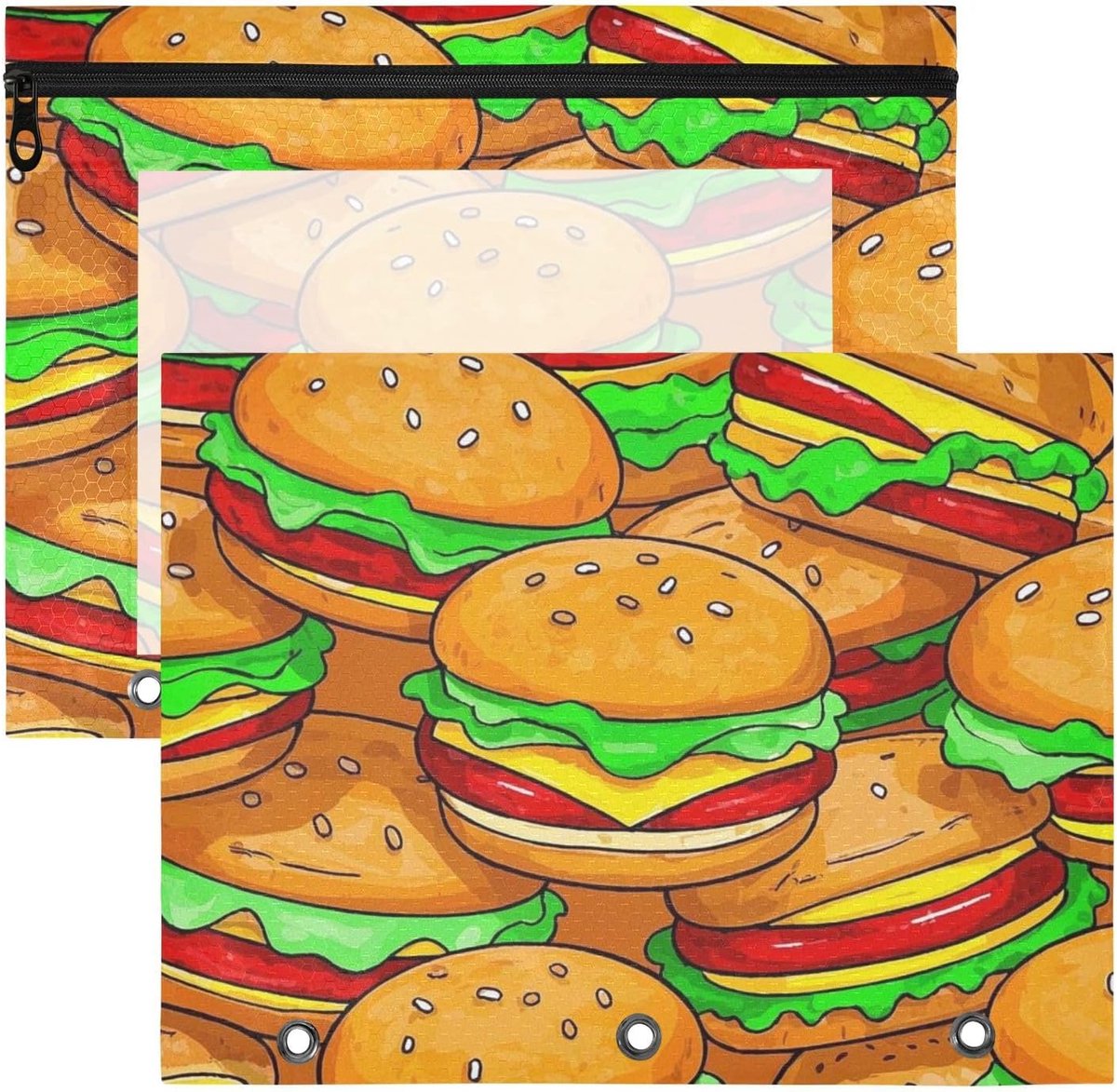 Etuis met Rits - Potlood Tassen - Papieren Organiseren - Doorzichtig Venster - A4 Formaat - Cartoon Burger