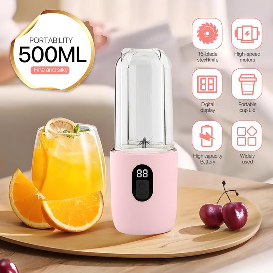 Mini Blender - Draagbare Mixer - Gezonde Drankjes Maken - 1500mAh Batterij - 500ML Fles - Roze van MINI — afbeelding 4