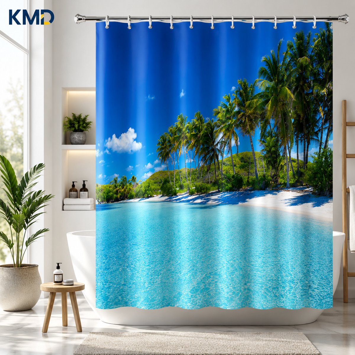 KMD Douchegordijn 180x200 cm Oceaan Strand Zee Palmen - Waterafstotend Polyester met 12 Metalen Ogen - Machinewasbaar