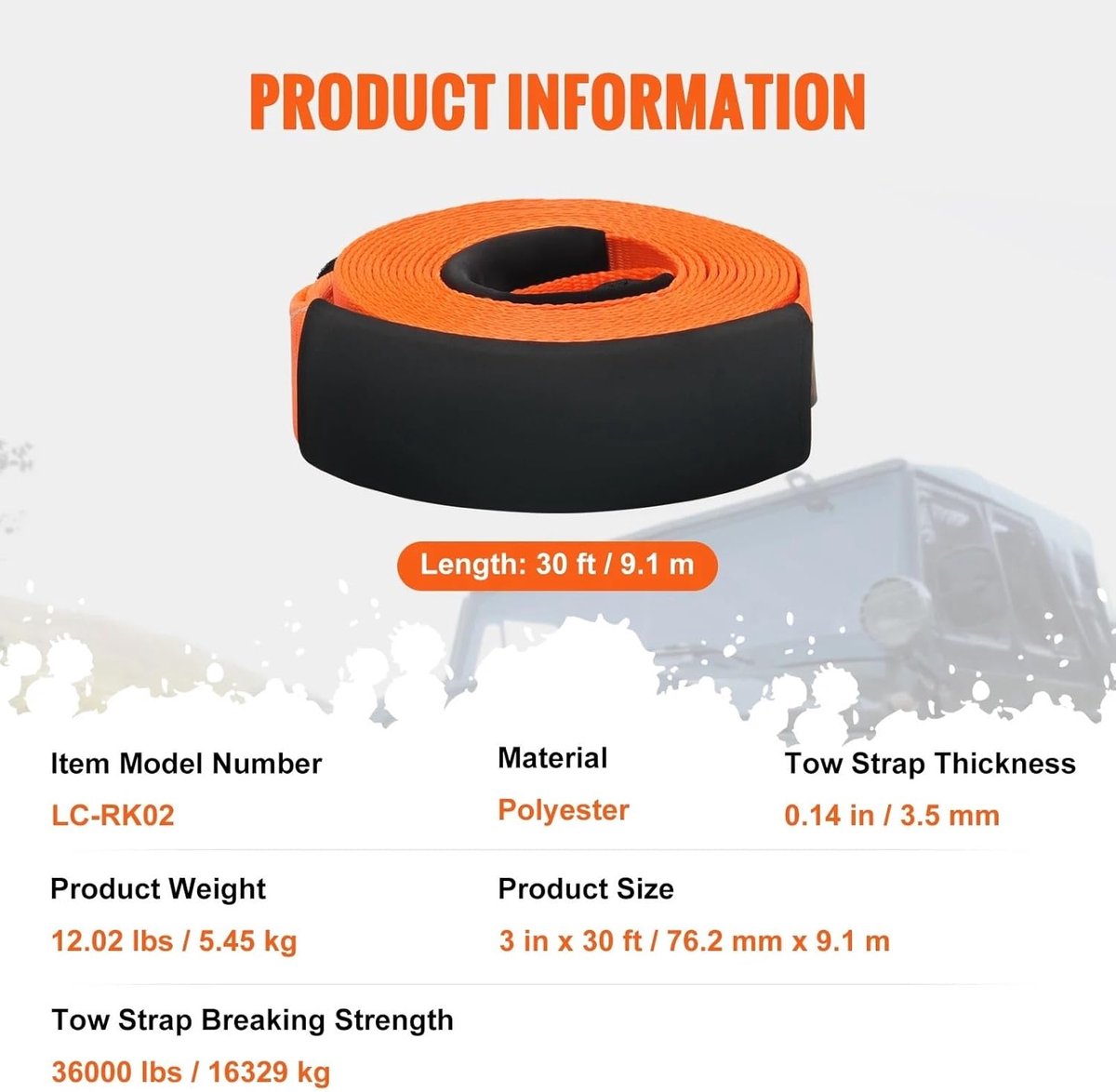 Sleepkabel Heavy Duty - Trekband Herstelset - Voertuig Berging - Hoge Breeksterkte - 36000 lbs - Zwart