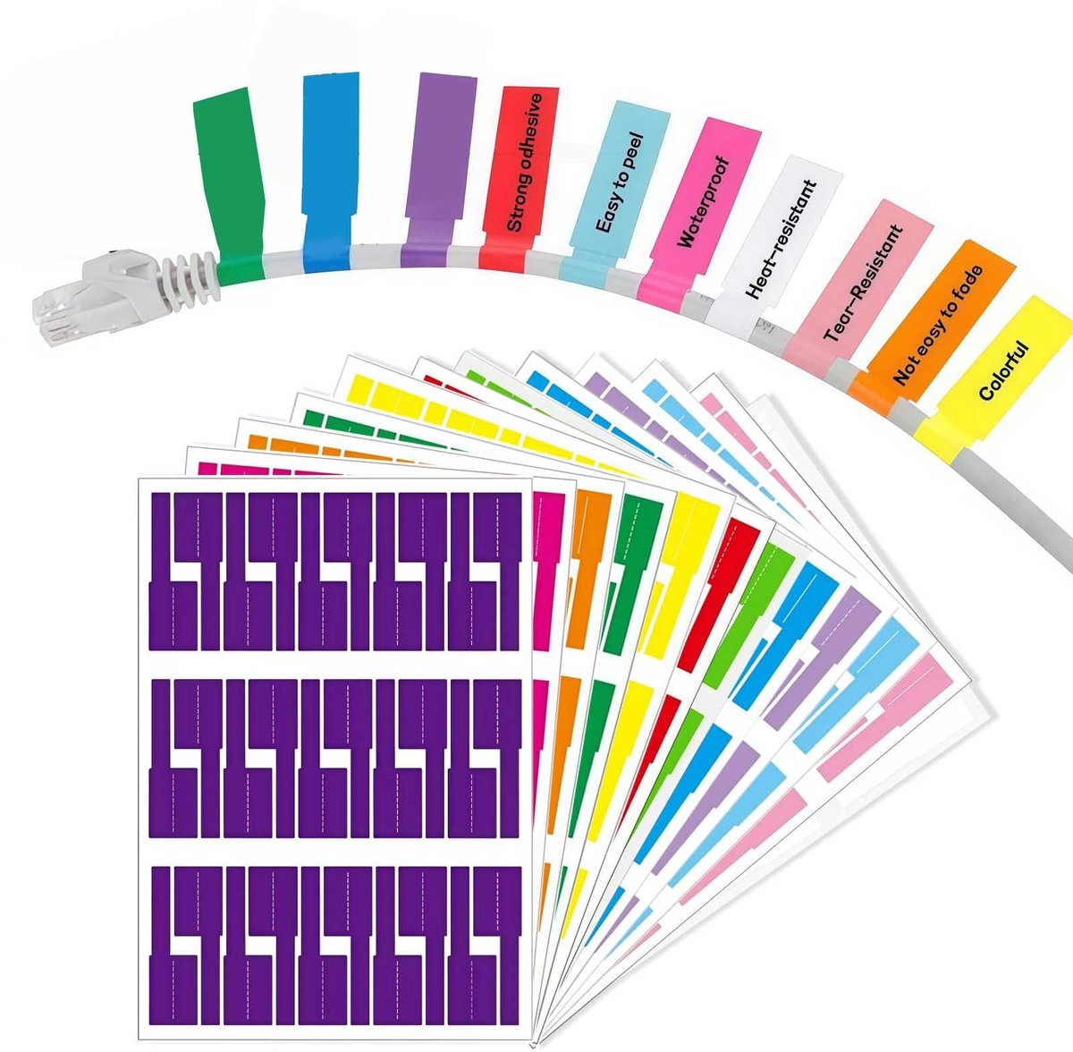 Dailygoods- Kabellabels 360 Stuks - Zelfklevende Kabeletiketten - Beschrijfbare Kabel Labels - Kleurrijke Snoerlabels - 84x26 mm - Ideaal voor Kabelbeheer - Koordlabels