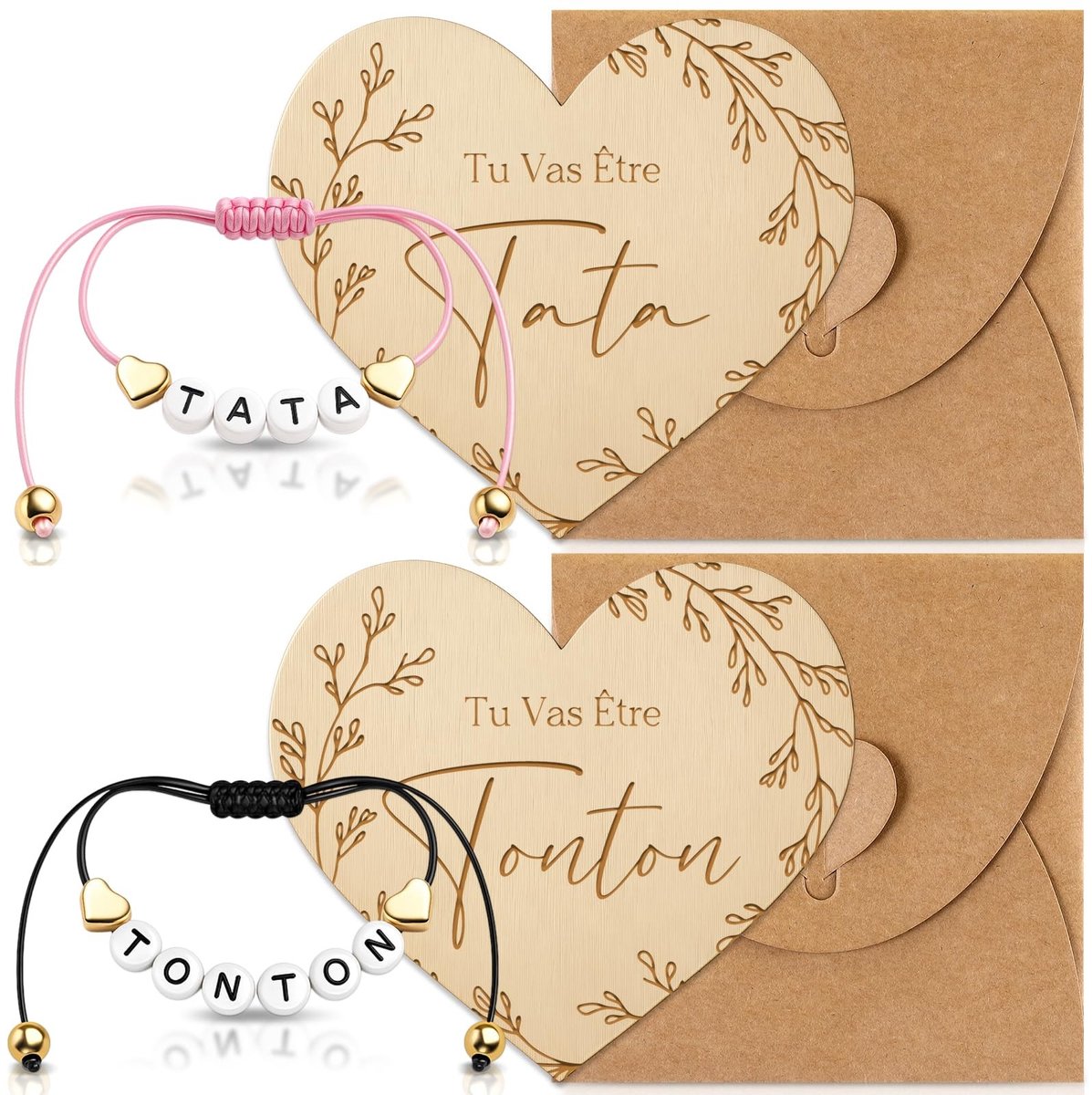 Dailygoods- Zwangerschapscadeau 6 Stuks - Houten Kaart/Envelop - Verstelbare Armband - Genderonthullingsfeest - Aandenken - Herbruikbaar - Aankondigingscadeau