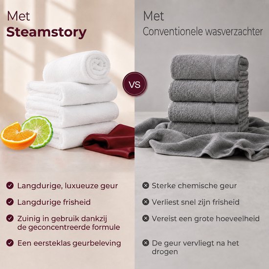 Vergelijking: witte handdoeken met Steamstory Wasparfum en oranje/groene citruspartjes tegenover grijze handdoeken met conventionele wasverzachter.
