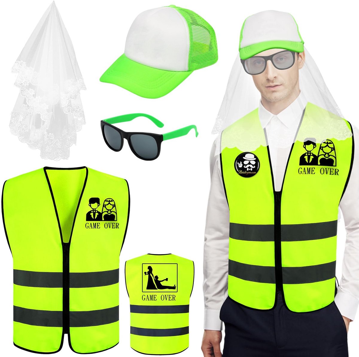 Dailygoods - Herenkostuum voor Vrijgezellenfeest met Hoed, Sluier en Badge
