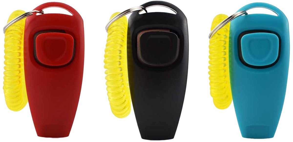 Dailygoods - 3 STKS Hondenfluitje Clicker, Hondentraining Clickers, 2-in-1 Professionele Honden Training Clicker en Fluit Set, Huisdier Oefenen Tool met Polsband, Huisdier Recaller (zwart, Blauw, Rood)