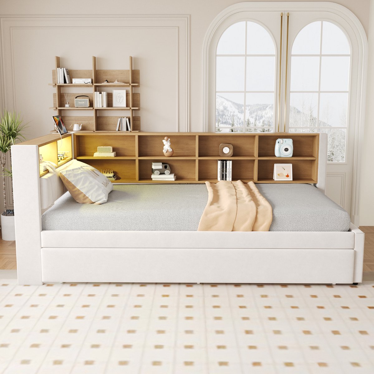 MEUNIQ slaapbank 90x200 cm met uittrekbed 90x190 cm, LED-verlichting, USB en stopcontact, opbergvakken, lattenbodem, beige stof, eenpersoons bed voor slaapkamer