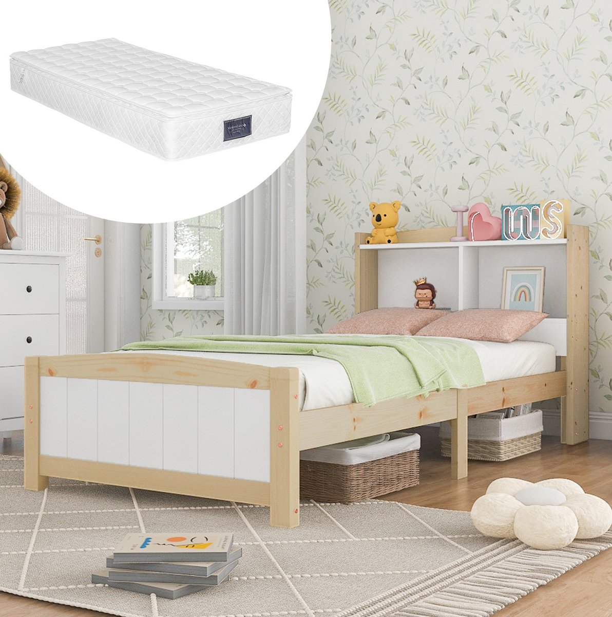 MEUNIQ eenpersoonsbed 90 x 200 cm met hoofdbord met opbergvakken, lattenbodem en matras, houten bedframe voor kinderkamer of jeugdkamer, wit