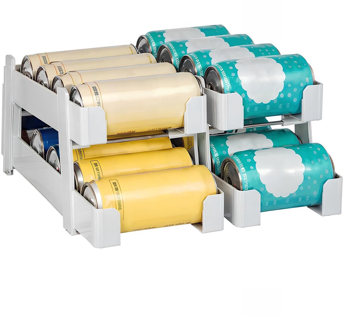 Dailygoods - Dokeno Koelkastorganizer, blikjesdispenser, blikjeshouder, 2 dieren, rollende lade, koelkast, drankorganizer voor 250 ml/330 ml, drankblikjes, bier, soda, blikjes, BPA-vrij