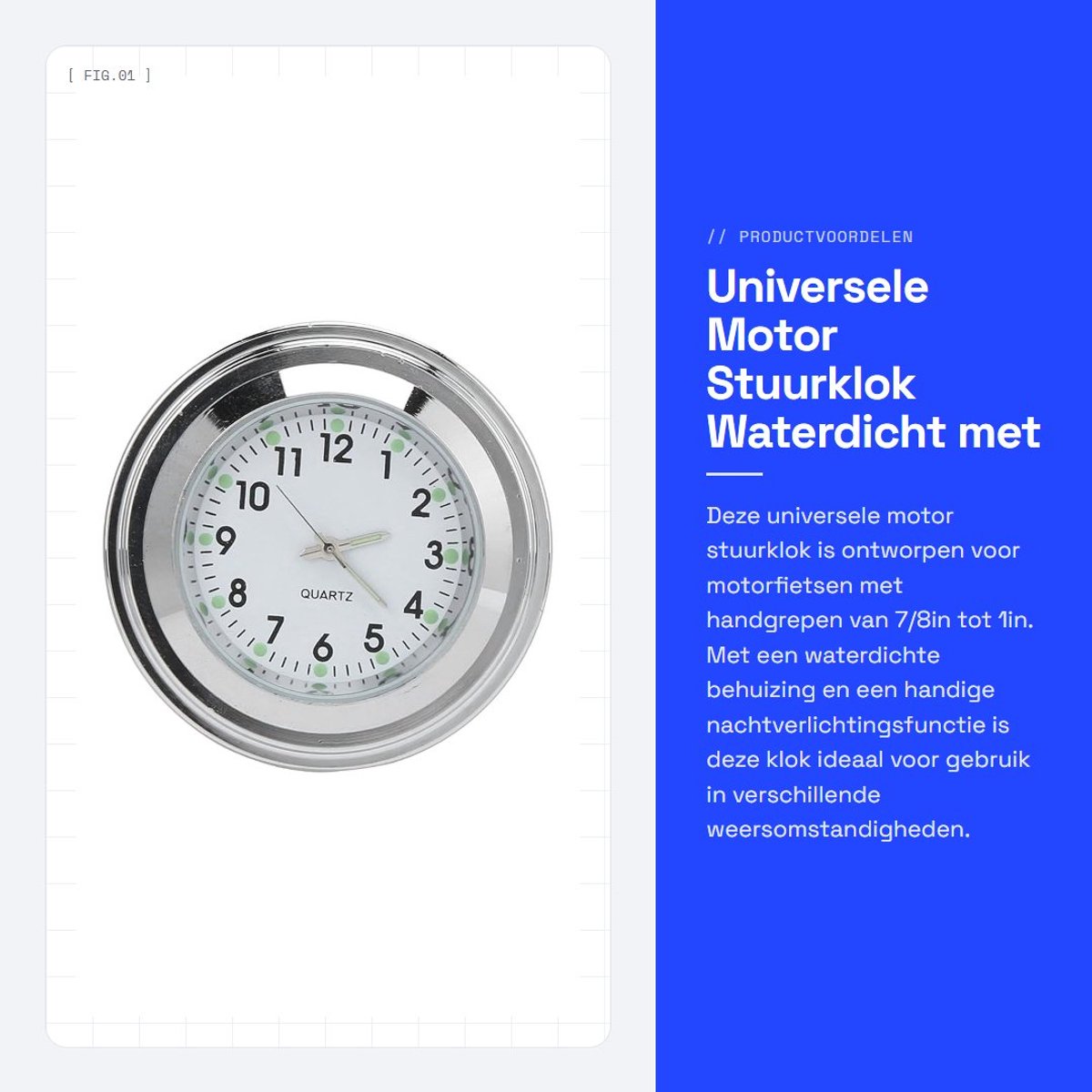 Dailygoods- Motorstuurklok Waterdicht - Lichtgevende Wijzerplaat - Universele Montage - 7/8in-1in Stuur - Nauwkeurige Timing - Schokbestendig - Motorfiets Klok