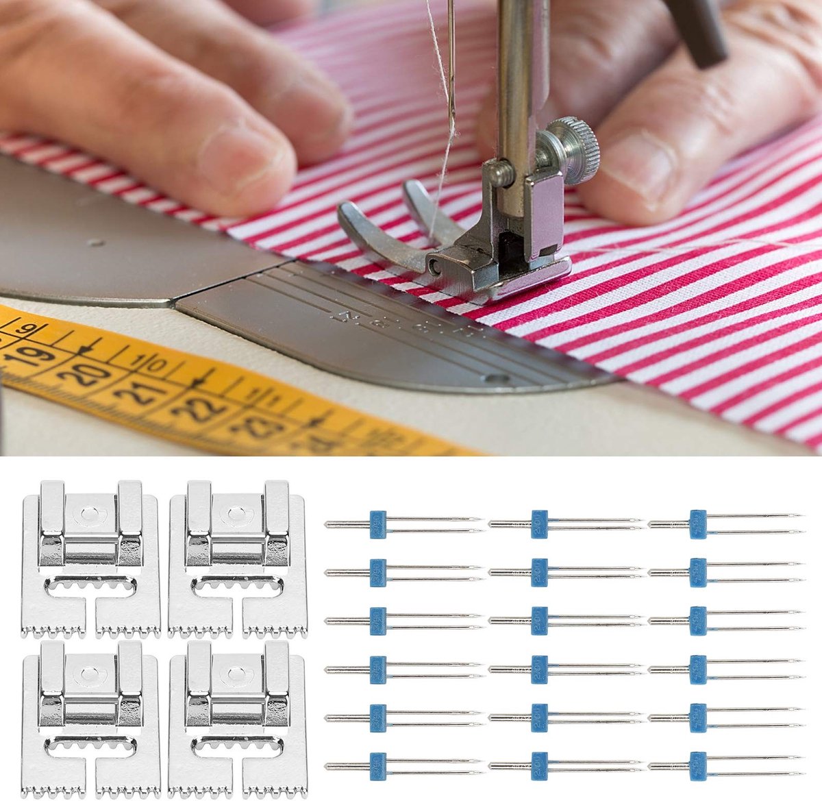 Dailygoods- Tweelingnaalden 18-delig - Dubbele Naaigaren - Naaivoet Set 4-delig - Universele Naaivoet - Biezennaaivoet - Roestvrij Staal - Naaimachine Naalden