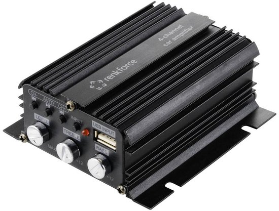 Amplificateur de voiture Renkforce 4 canaux noir avec ailettes de refroidissement, entrée USB et boutons rotatifs pour LEVEL, TREBLE et BASS.