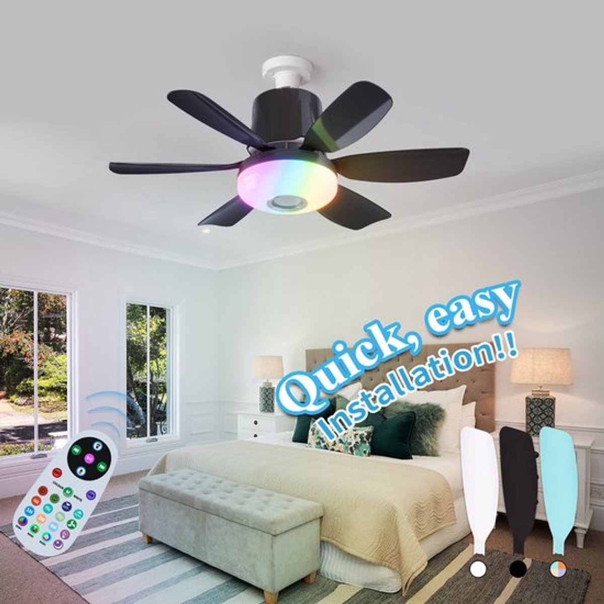 Plafondventilator met verlichting en afstandsbediening met ingebouwde luidspreker - Zwart - Verbeterde RGB-versie - LEC020R - Drie windsnelheden - Kleine plafondventilator met verlichting, geschikt voor slaapkamers en woonkamers - Zwart - 47x18 cm