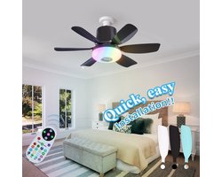 Plafondventilator met verlichting en afstandsbediening met ingebouwde luidspreker - Zwart - Verbeterde RGB-versie - LEC020R - Drie windsnelheden - Kleine plafondventilator met verlichting, geschikt voor slaapkamers en woonkamers - Zwart - 47x18 cm