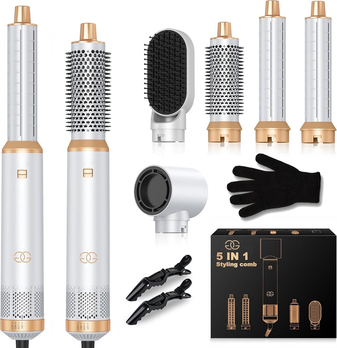 Airstyler 5-in-1 - Haarstyler Krultang - Haar Stylen - Meerdere Opzetstukken - 27 x 7.7 x 24.5 cm - Wit Goud