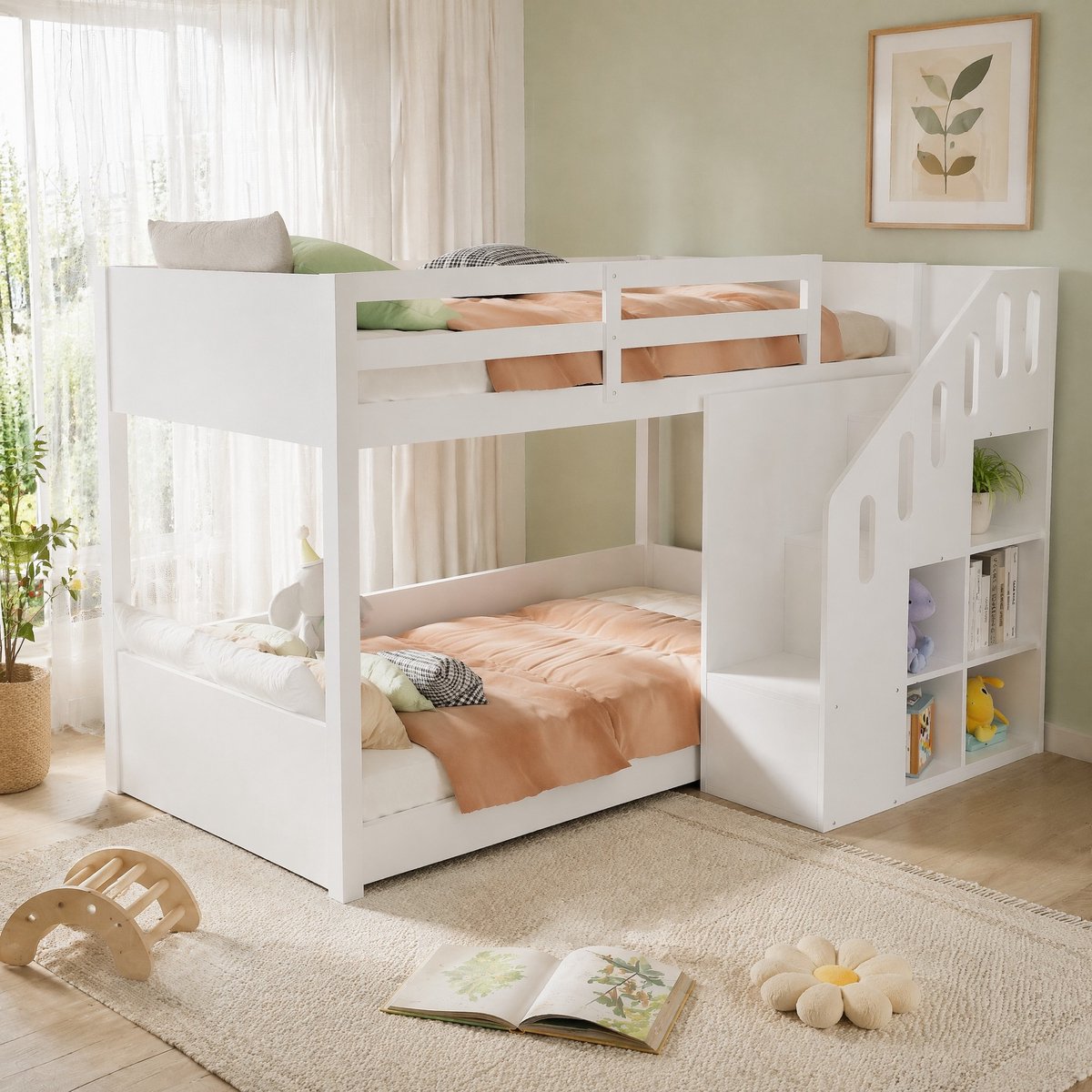 MEUNIQ stapelbed 90x200 cm met trap, opbergvakken, veiligheidshekken en lattenbodems, kinderbed voor kinderkamer, wit