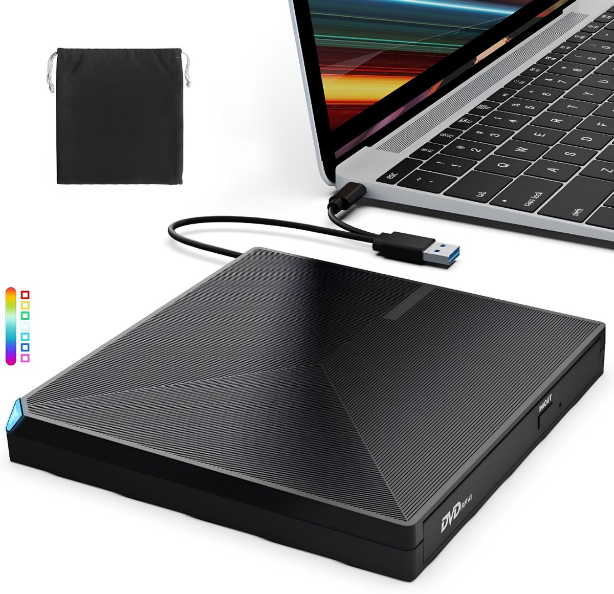 KAD® DVD Speler - USB 3.0 en Type-C - DVD Speler Laptop - DVD Brander - Zwart - 15cm x 15cm x 2cm