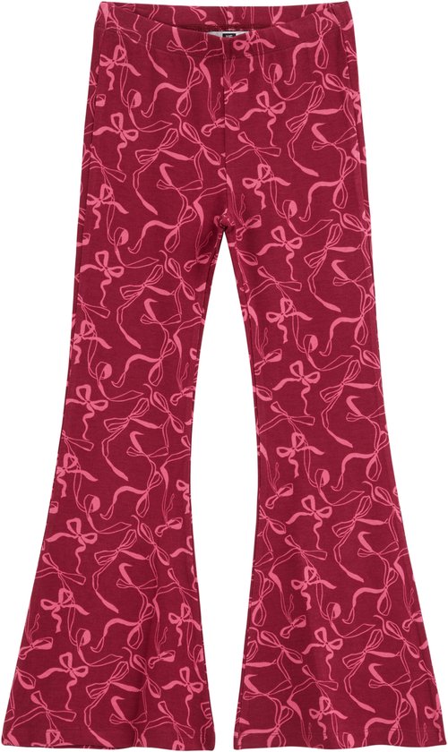 Bordeauxrode flared legging met all-over roze strikkenprint.