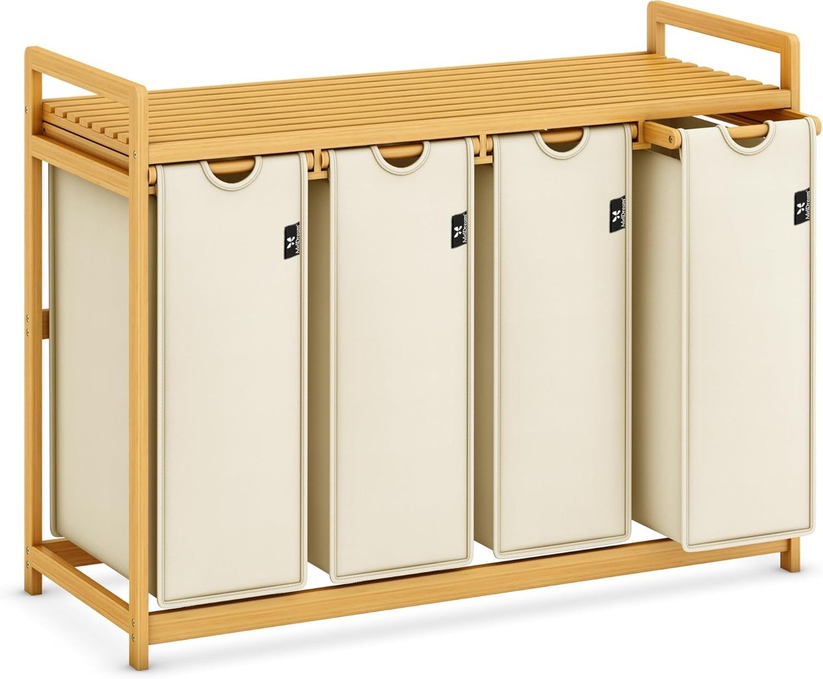 Wasmand met rek Wasbox organizer Sorteren en opbergen Uittrekbare zakken 200 liter Beige