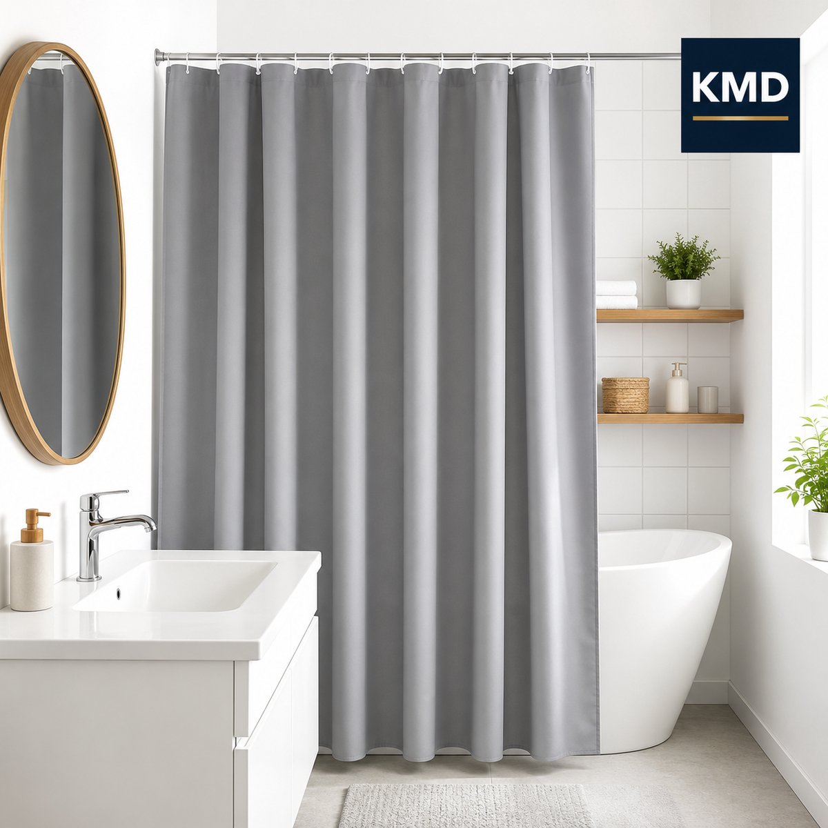 KMD Douchegordijn voor badkuip 200 x 220 cm - Lichtgrijs - Waterdicht polyester - Met roestvrijstalen ringen