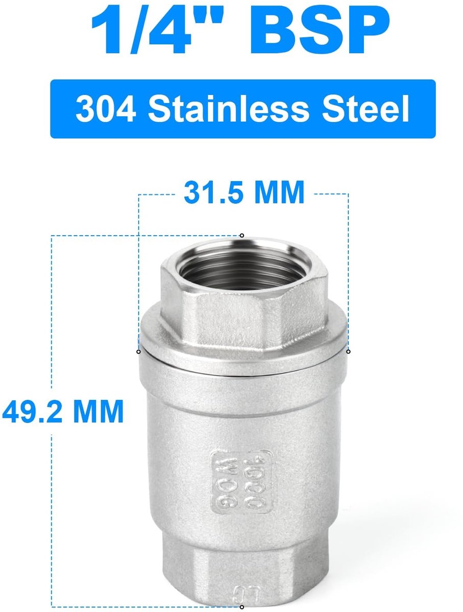 Dailygoods- Terugslagklep 1/4" BSP - Roestvrij Staal - Terugstroompreventie - Verticale In-line - Corrosiebestendig - Duurzaam Ontwerp - Terugstroomklep