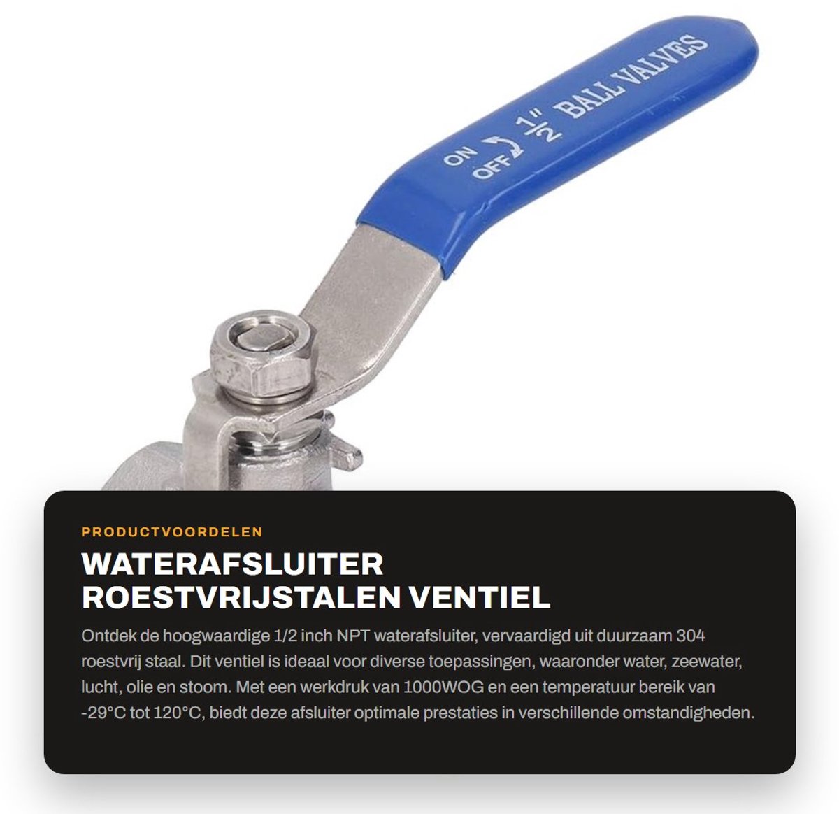 Dailygoods- Waterkraan 1/2 inch - Afsluitkraan - Roestvrij Staal - Man/vrouw Draad - 1000WOG Werkdruk - Geschikt voor Vlottermedia - Afsluiter
