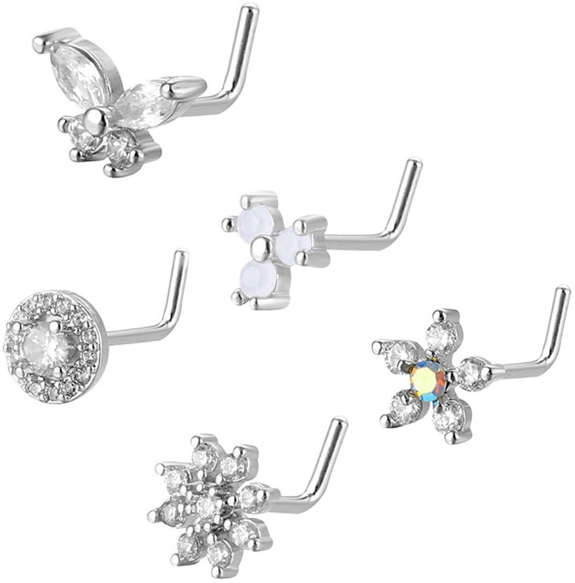 Dailygoods- Neusring Set van 5 - L-vormige Neusstuds - Hypoallergeen Roestvrij Staal - Zirkonia Steentjes - Elegante Ontwerpen - Comfortabel en Duurzaam