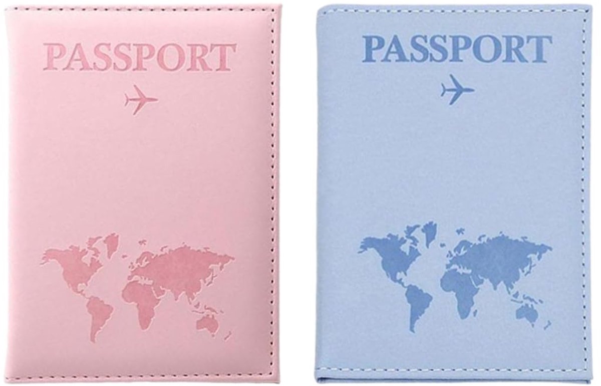 Dailygoods - Paspoorthoezen, 2 stuks paspoorthouders PU lederen paspoorthoes draagbare creditcardhouder unisex identiteitskaart en reisdocumenten (roze + lichtblauw)